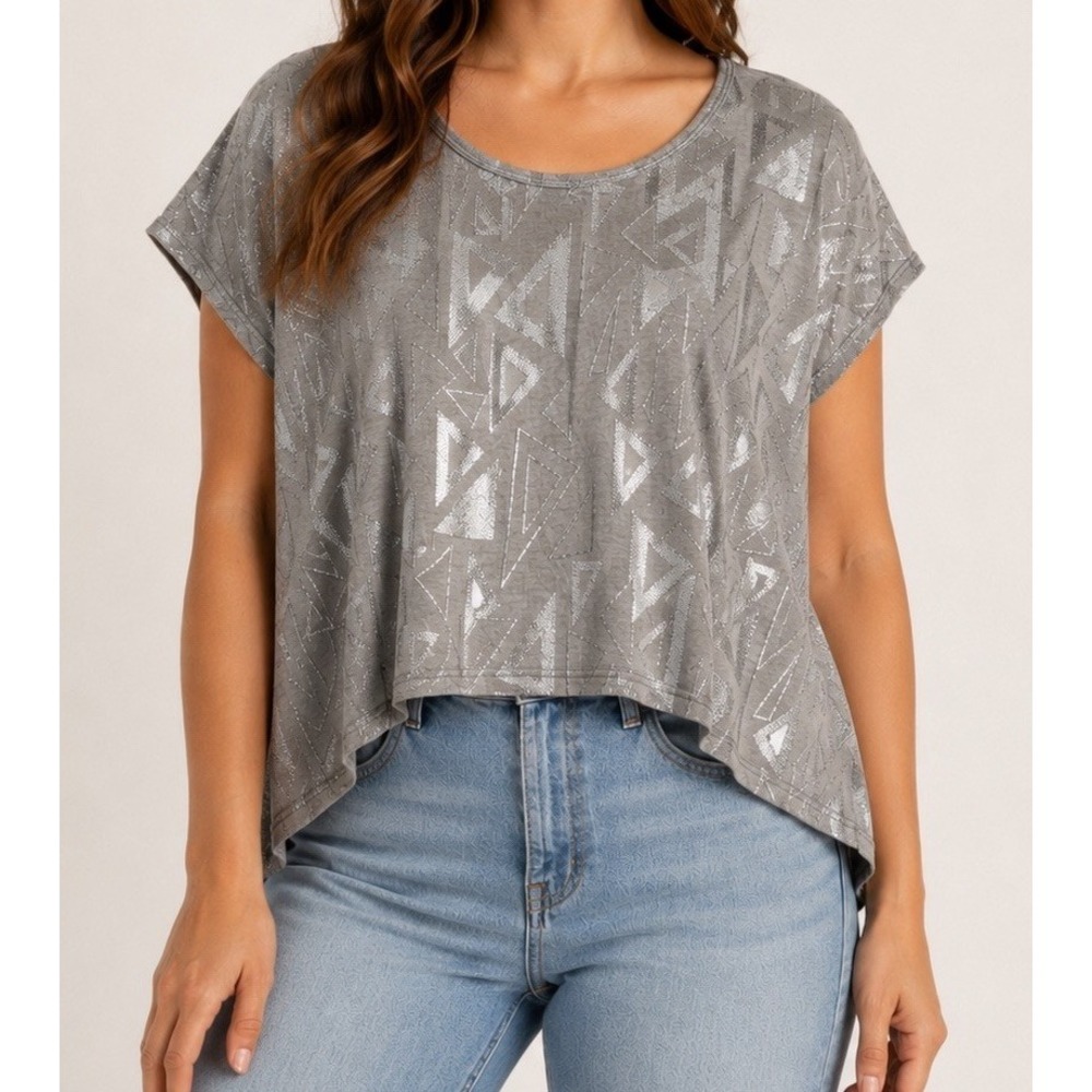 Y2K Soul Cake Gray Silver Metallic Geometric Dolman‎ Sleeve Womens Top Size XL
